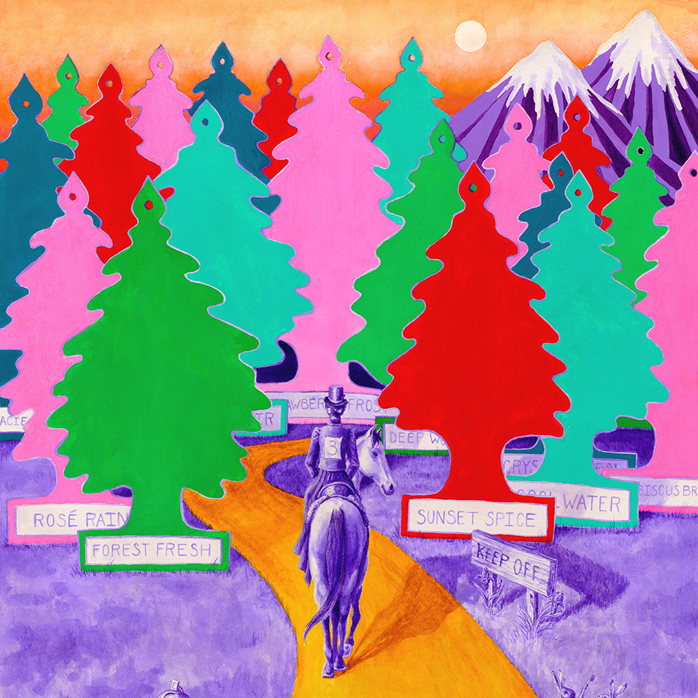 Colorful Painting a woman rides a horse into a forest of air freshener trees